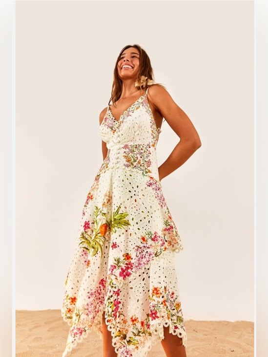 FARM Rio Dresses & Skirts - FARM Rio White Floral Eyelet Midi Scarf Dress with Spaghetti Straps. Med.NWOT